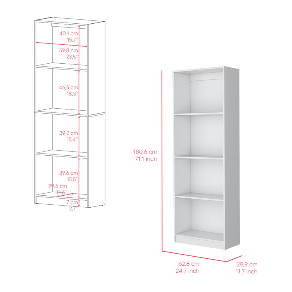 71" White Wood Four Tier Bookcase