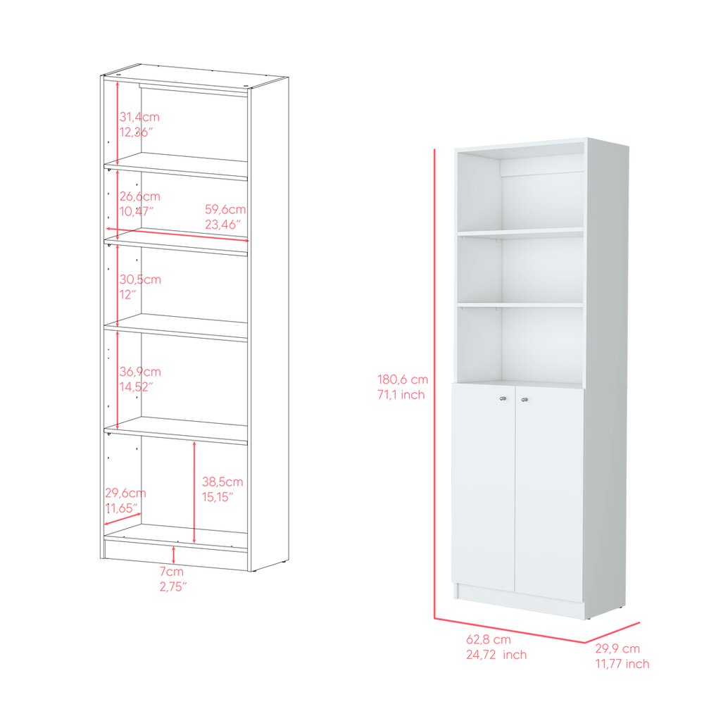 71" White Wood Three Tier Bookcase with Two Doors
