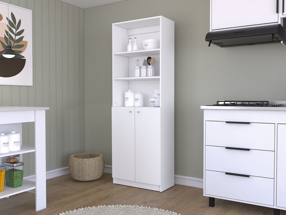 71" White Wood Three Tier Bookcase with Two Doors