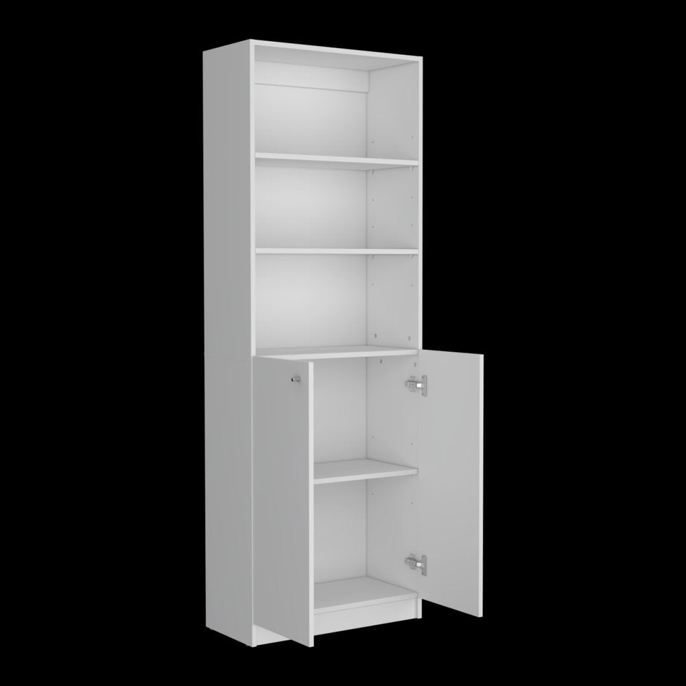71" White Wood Three Tier Bookcase with Two Doors