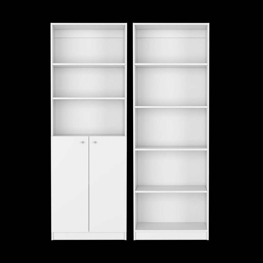 Set of Two White Wood Five Tier Modular Bookcase with Two Doors