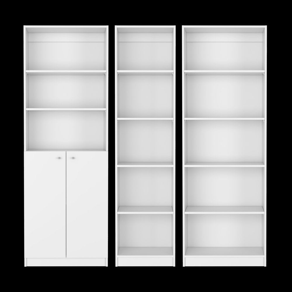 Set of Three White Wood Five Tier Modular Bookcase with Two Doors