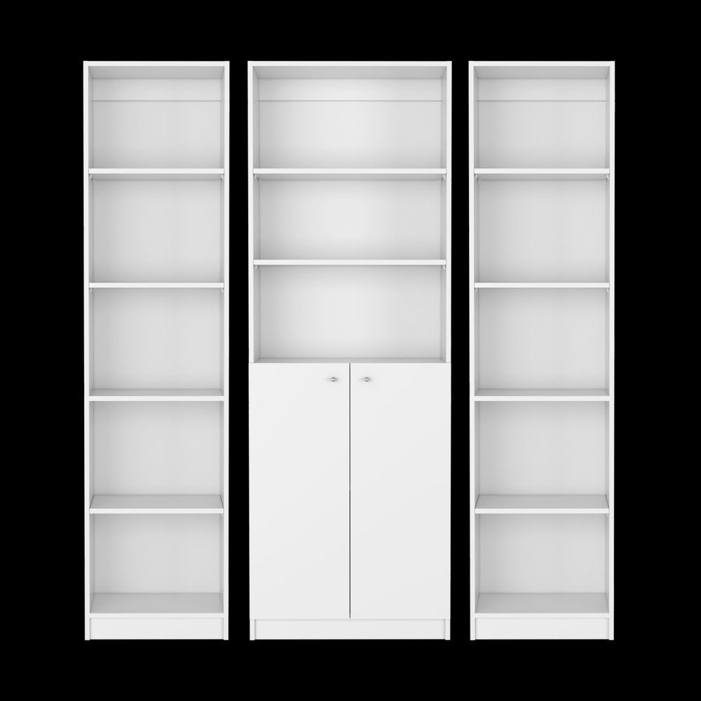 Set of Three White Wood Five Tier Modular Bookcase with Two Doors