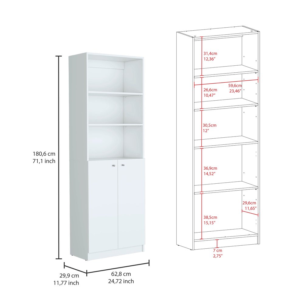 Set of Three White Wood Five Tier Modular Bookcase with Four Doors