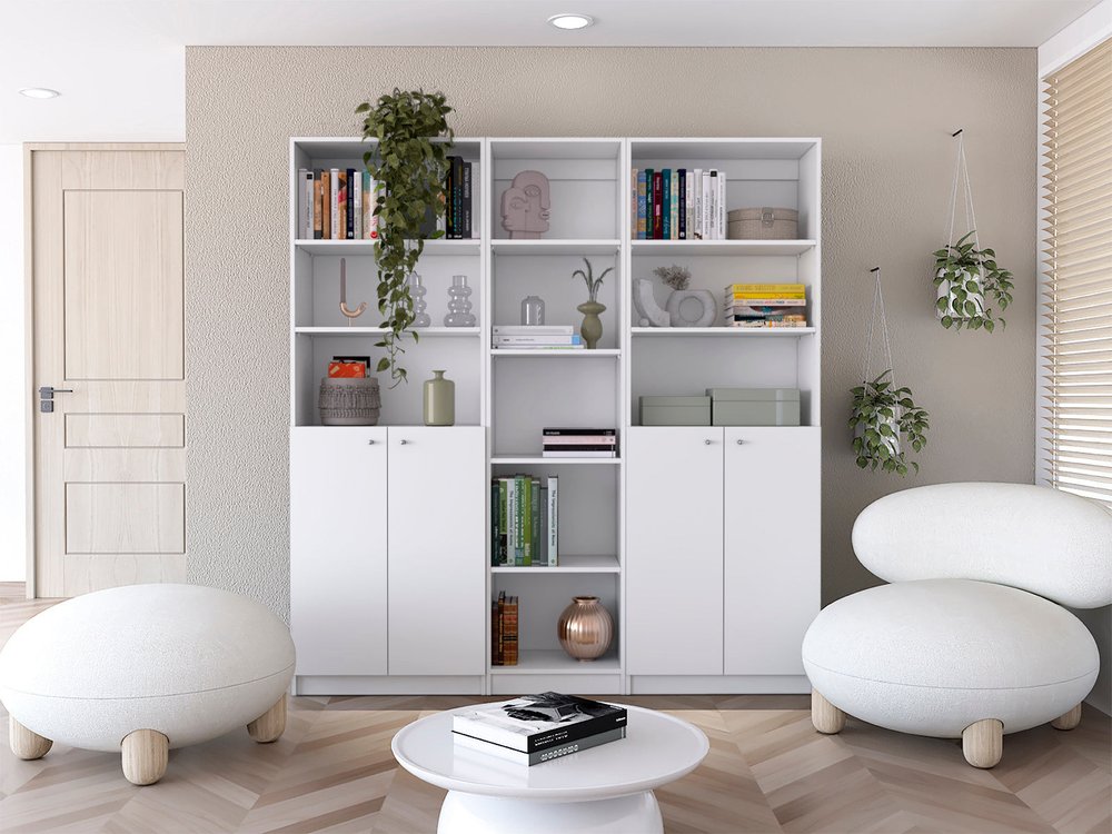 Set of Three White Wood Five Tier Modular Bookcase with Four Doors