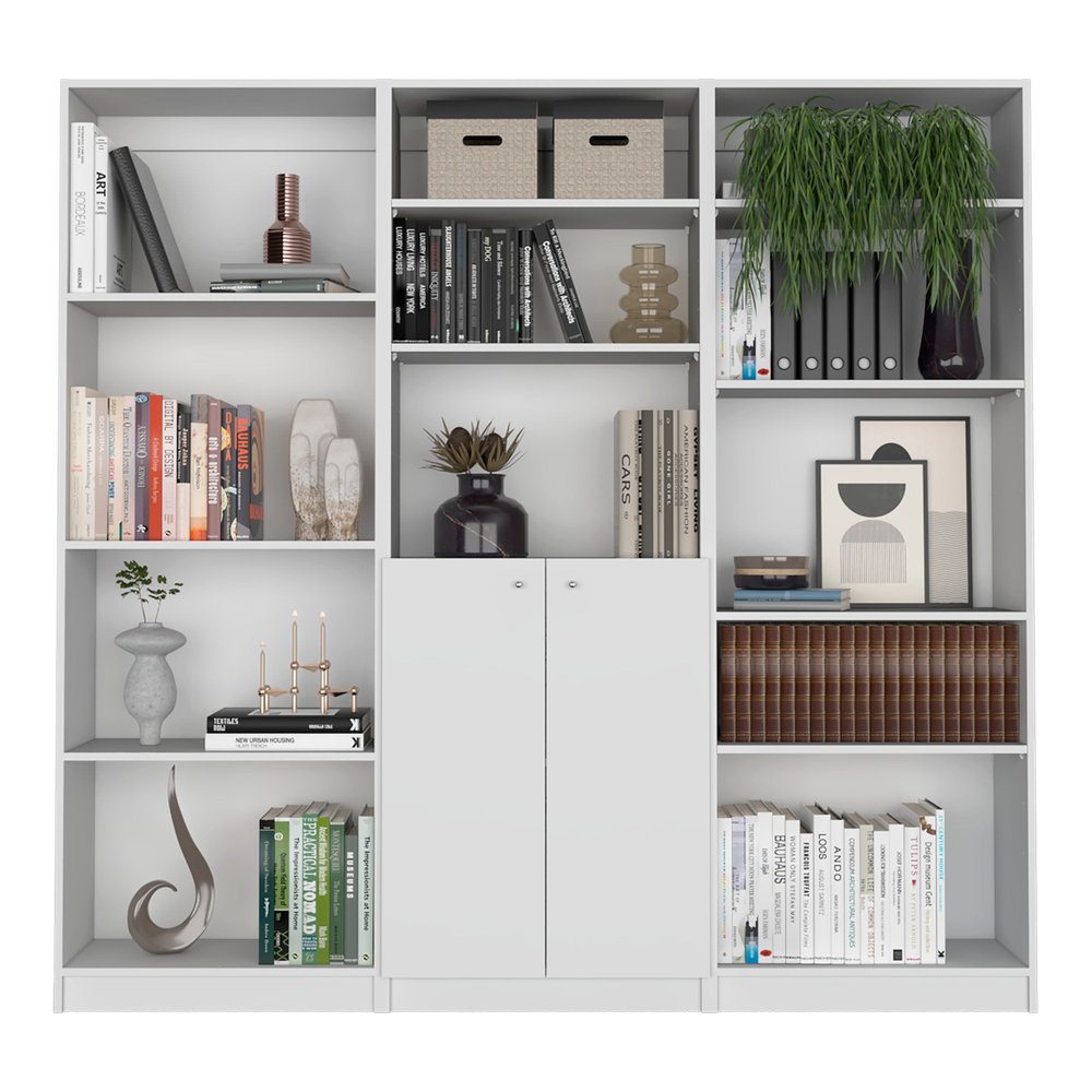Set of Three White Wood Twelve Tier Modular Bookcase with Two Doors