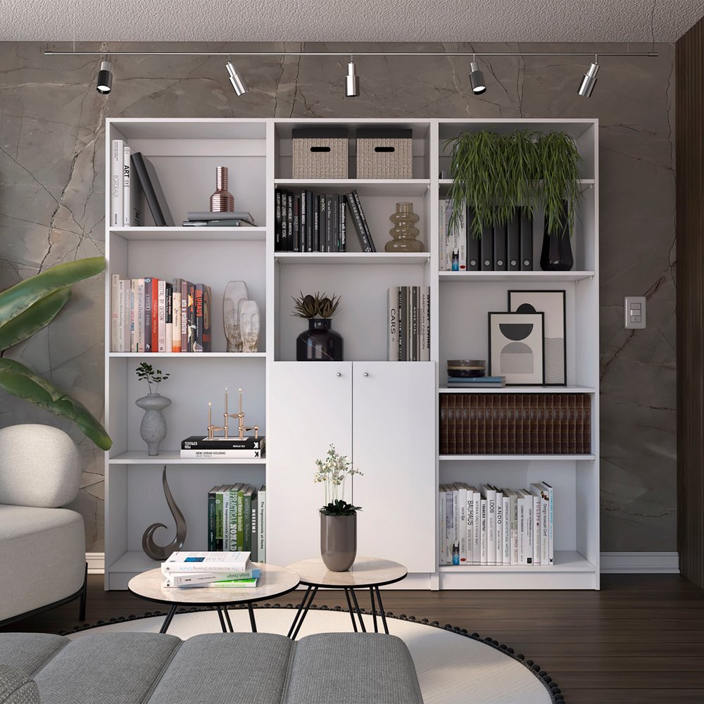 Set of Three White Wood Twelve Tier Modular Bookcase with Two Doors