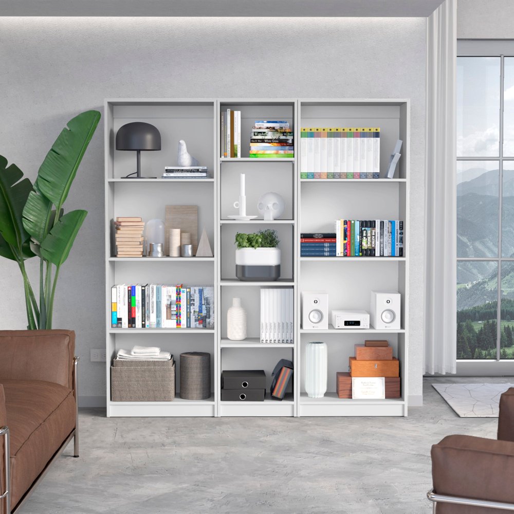 Set of Three White Wood Thirteen Tier Modular Bookcase