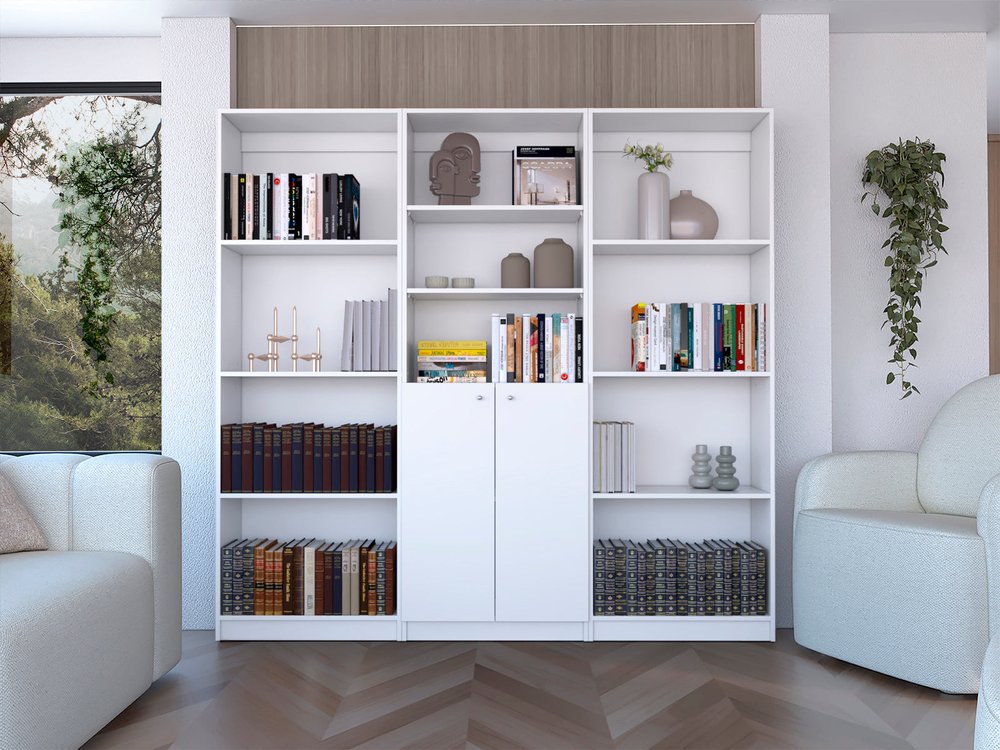 Set of Three White Wood Eleven Tier Modular Bookcase with Two Doors