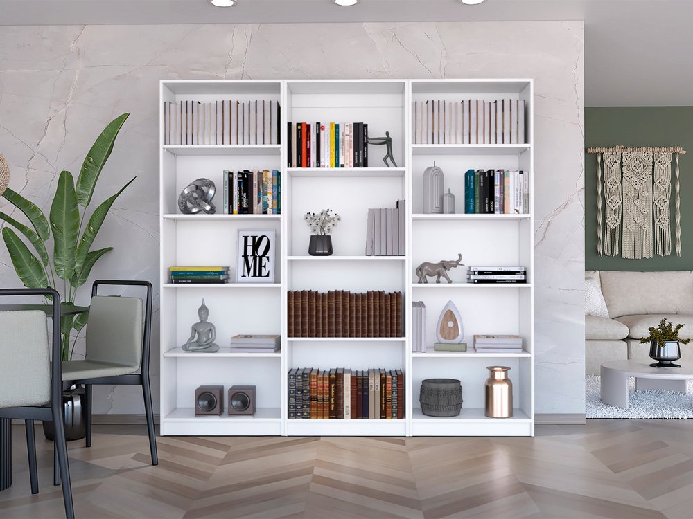 Set of Three White Wood Fourteen Tier Modular Bookcase