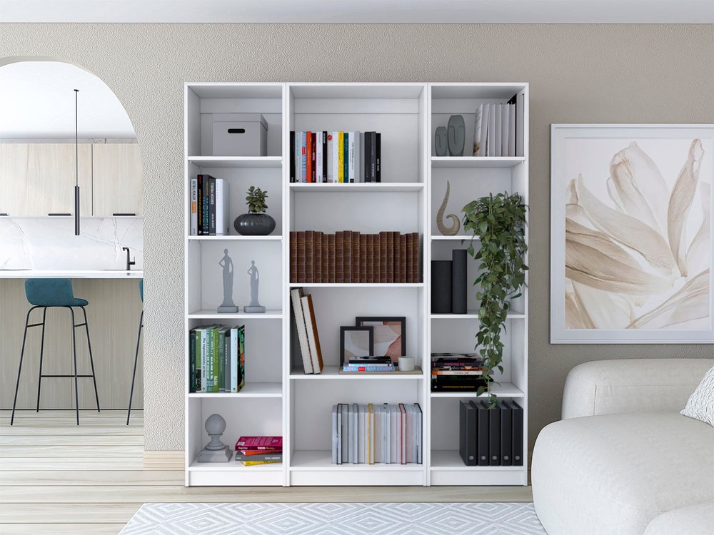 Set of Three White Wood Fourteen Tier Modular Bookcase