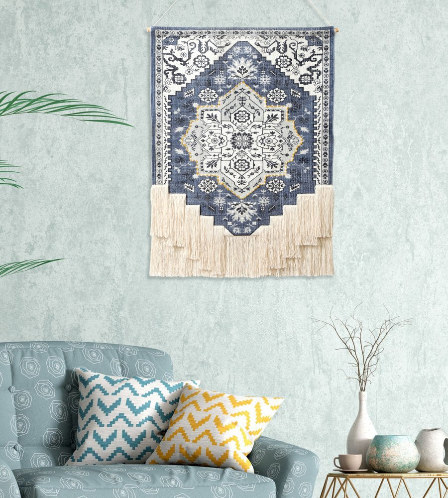 26" X 49" Blue And White Flower Floral Cotton Macrame Hanging Tapestry