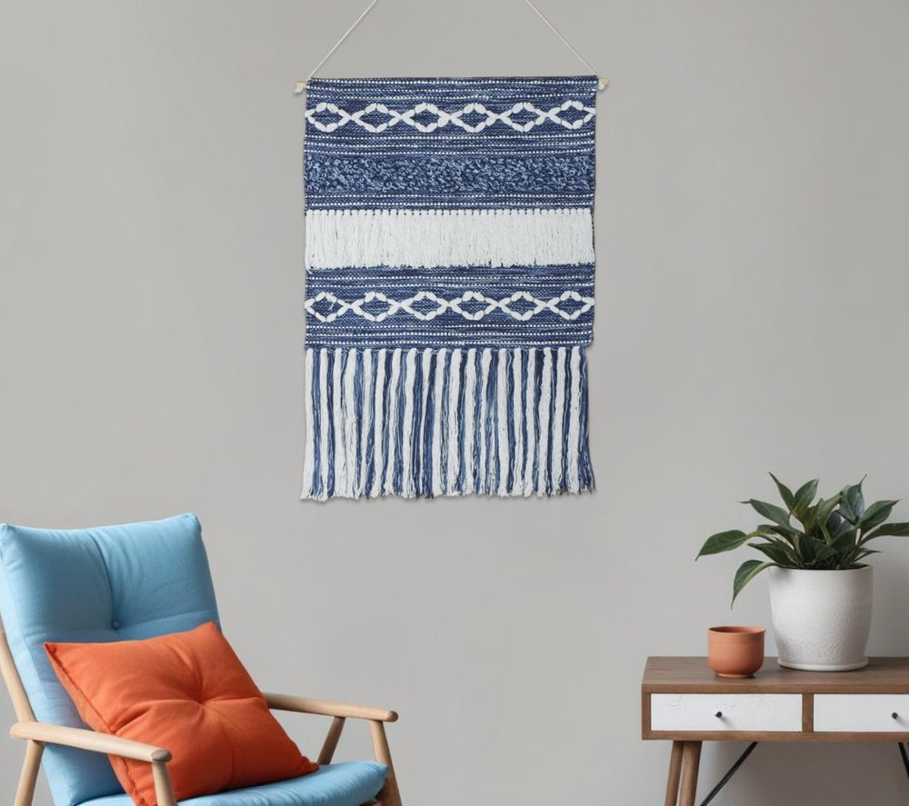 26" X 51" Denim Blue And White Geometric Cotton Macrame Hanging Tapestry
