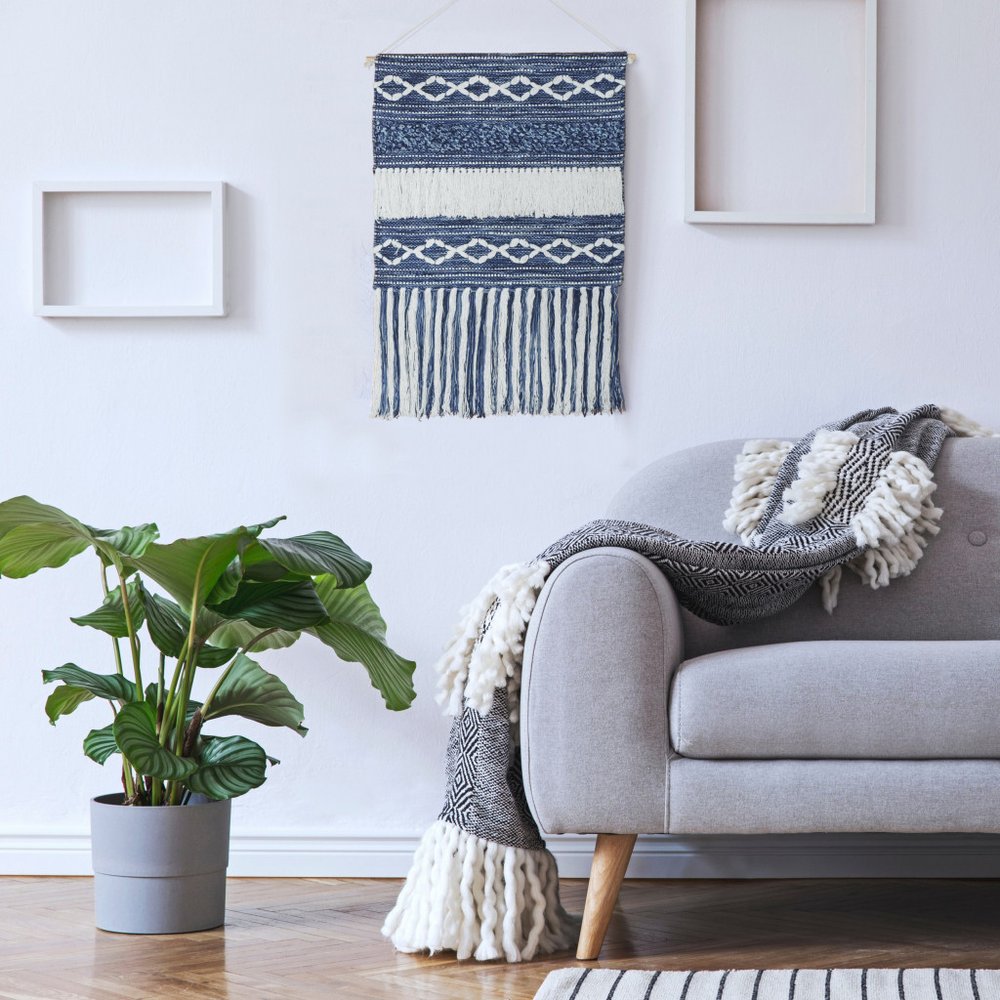 26" X 51" Denim Blue And White Geometric Cotton Macrame Hanging Tapestry