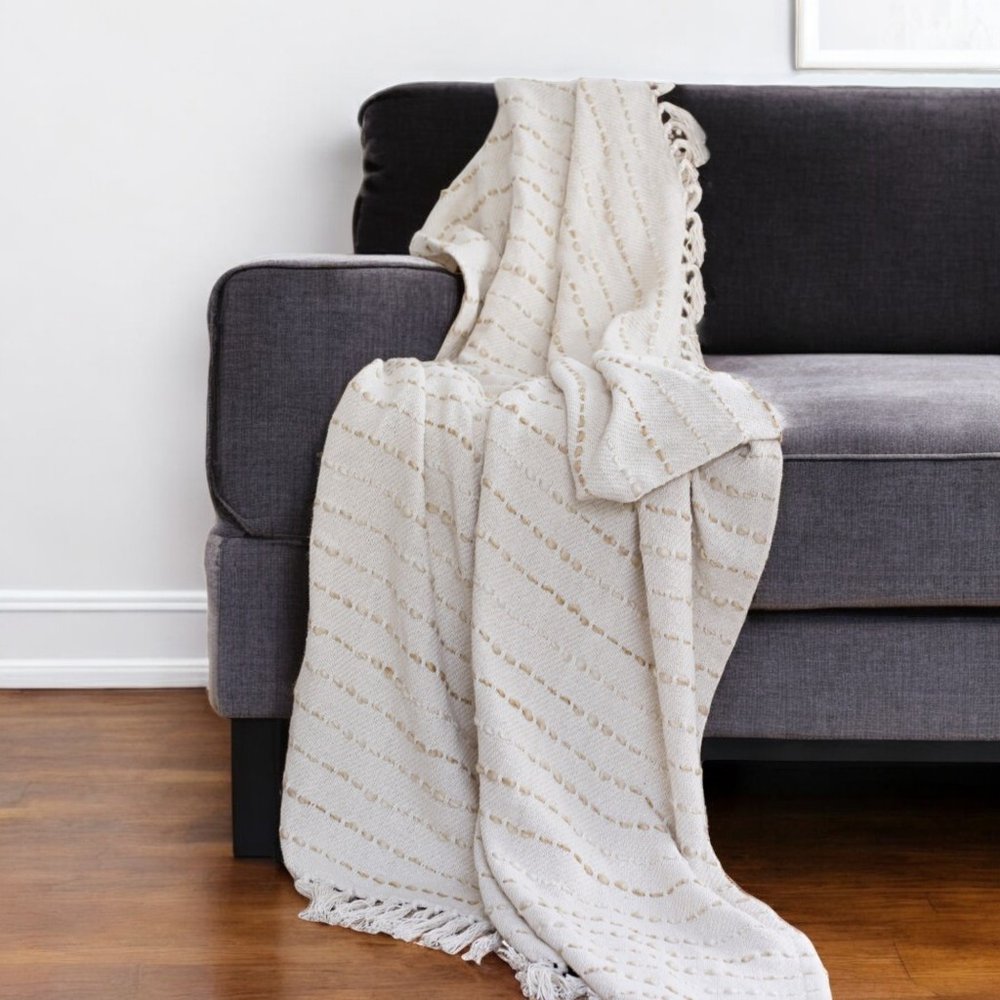 50" X 60" White And Brown Cotton Blend Woven Striped Throw Blanket with Fringe