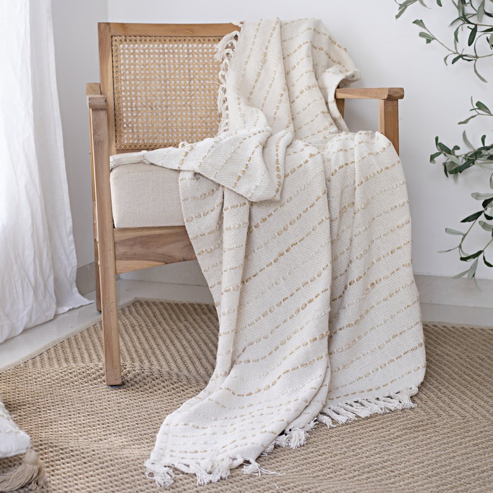 50" X 60" White And Brown Cotton Blend Woven Striped Throw Blanket with Fringe