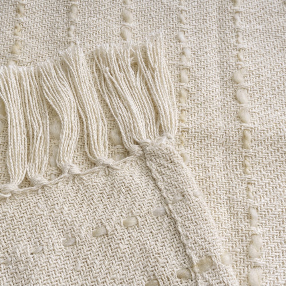50" X 60" White And Brown Cotton Blend Woven Striped Throw Blanket with Fringe