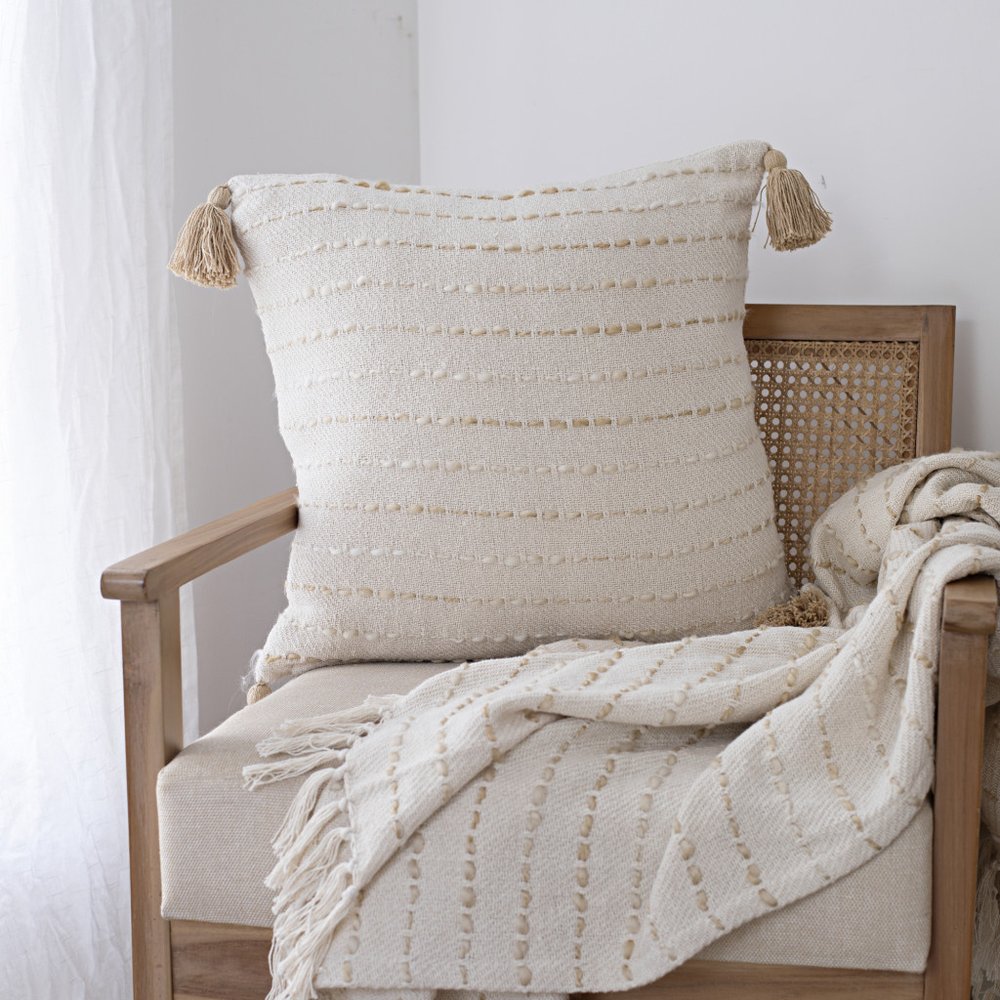 50" X 60" White And Brown Cotton Blend Woven Striped Throw Blanket with Fringe