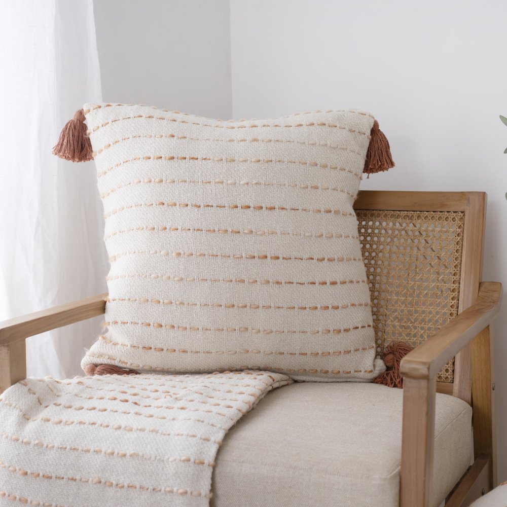 50" X 60" White And Brown Cotton Blend Woven Striped Throw Blanket with Fringe