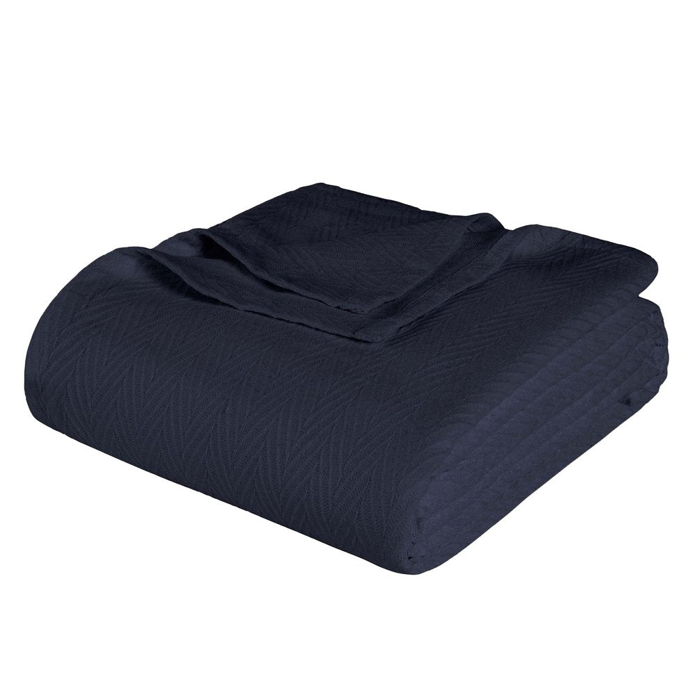 Queen Navy Blue Cotton Woven Chevron Blanket