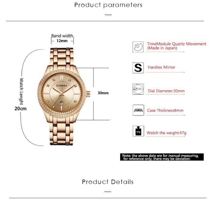 Women's Gold Dress Watch Slim Crystal Bezel Water Resistant