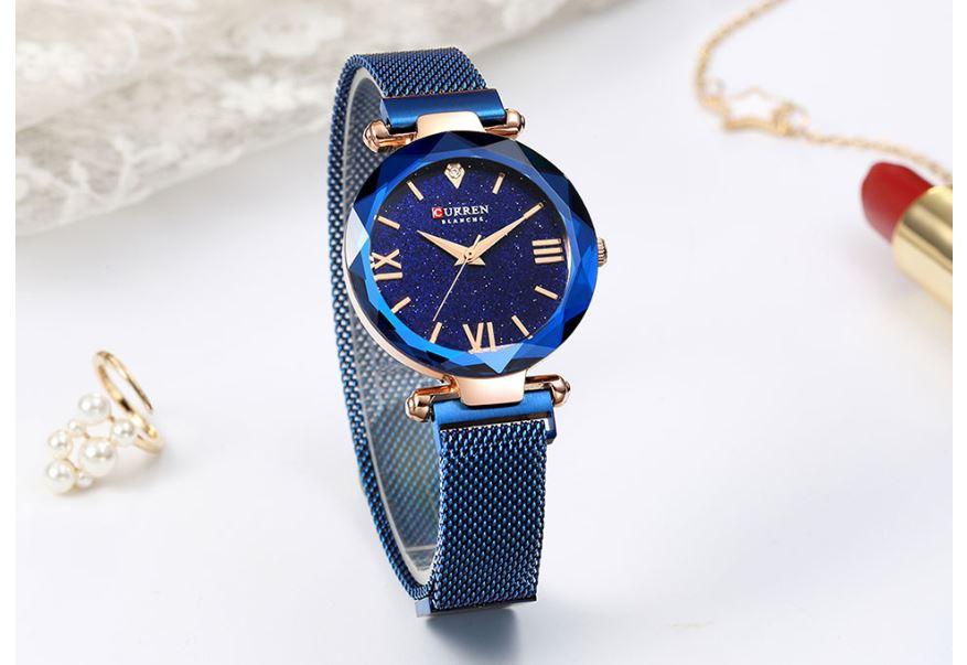 Women's Blue Mesh Watch With Faceted Crystal Glitter Dial