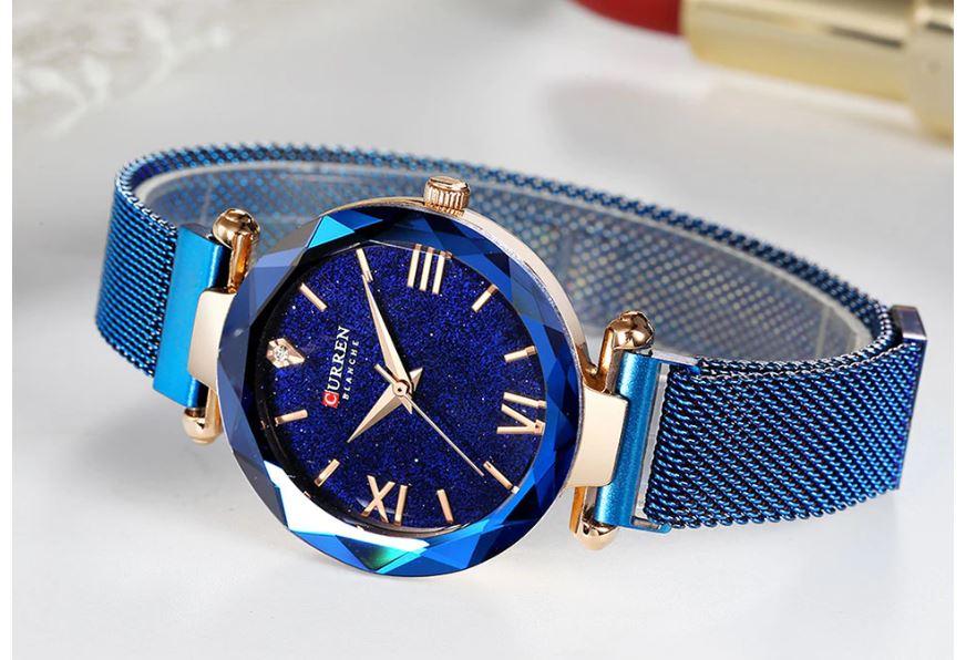Women's Blue Mesh Watch With Faceted Crystal Glitter Dial