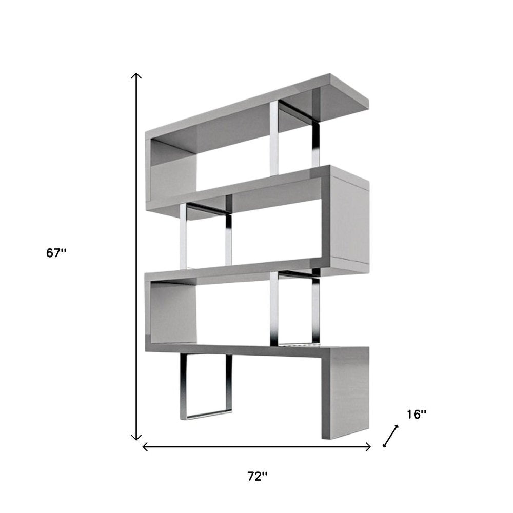 67" Gray And Silver Metal and Wood Three Tier Etagere Bookcase