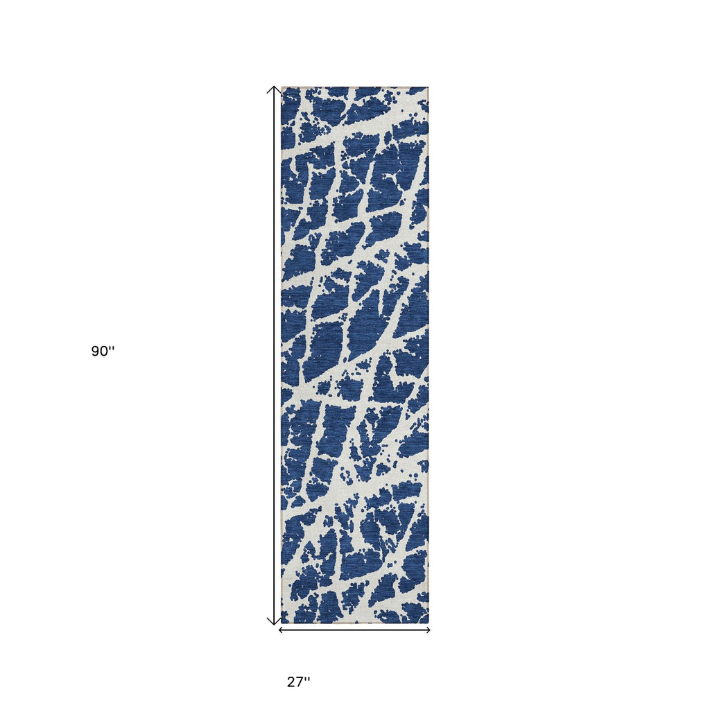 8' Runner Blue and White Abstract Washable Non Skid Indoor Outdoor Runner Rug