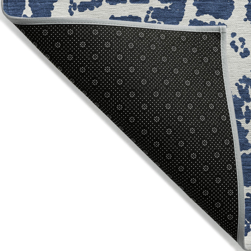 8' Runner Blue and White Abstract Washable Non Skid Indoor Outdoor Runner Rug