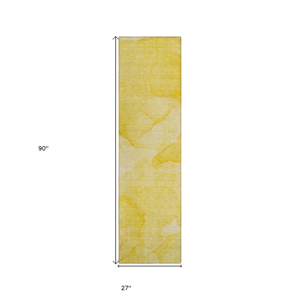 2' X 8' Gold Abstract Washable Non Skid Indoor Outdoor Runner Rug