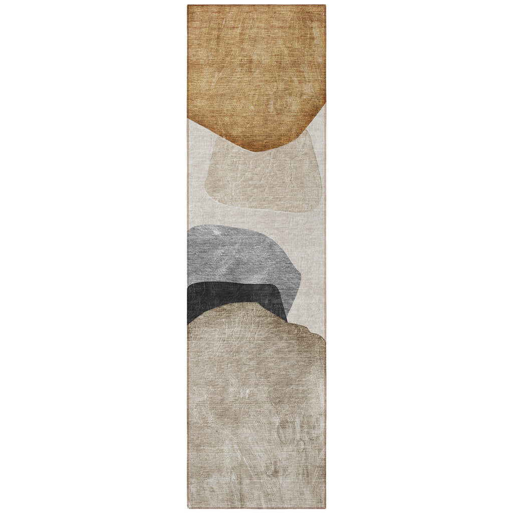 8' Runner Tan Brown and Gray Abstract Washable Non Skid Indoor Outdoor Runner Rug