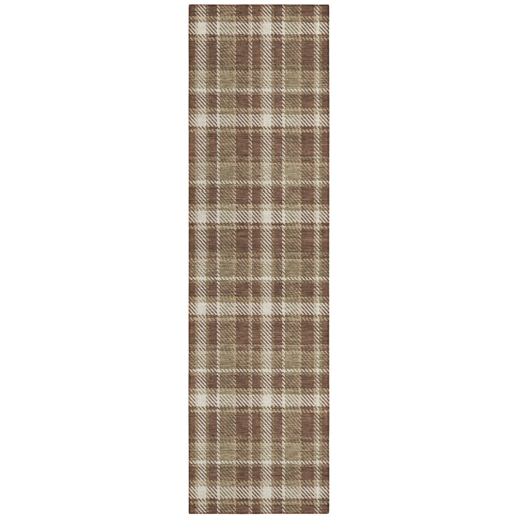 8' Runner Chocolate and Ivory Plaid Washable Non Skid Indoor Outdoor Runner Rug