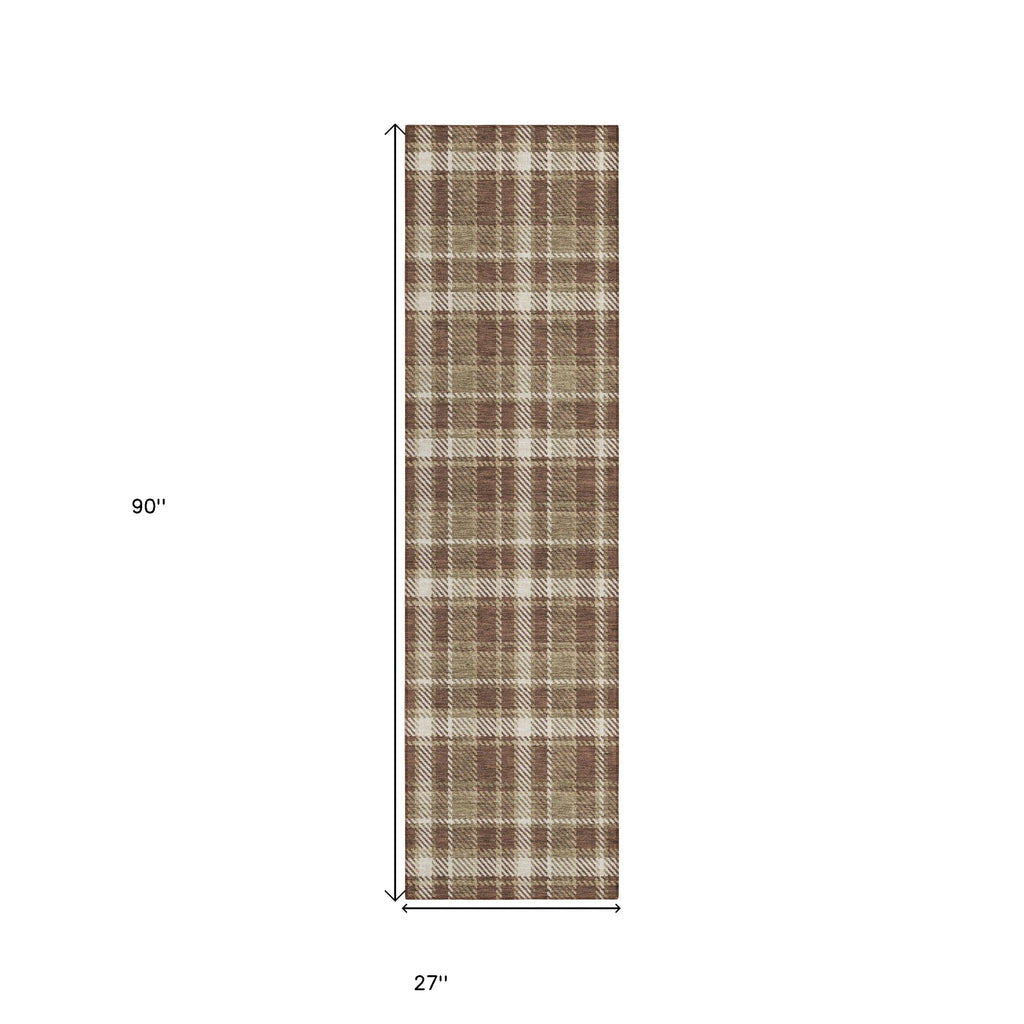 8' Runner Chocolate and Ivory Plaid Washable Non Skid Indoor Outdoor Runner Rug