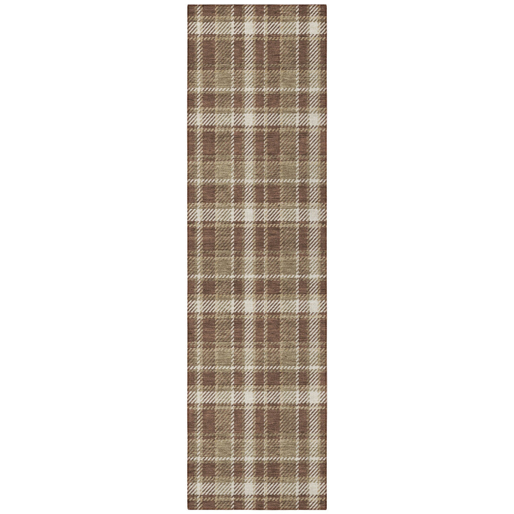 8' Runner Chocolate and Ivory Plaid Washable Non Skid Indoor Outdoor Runner Rug