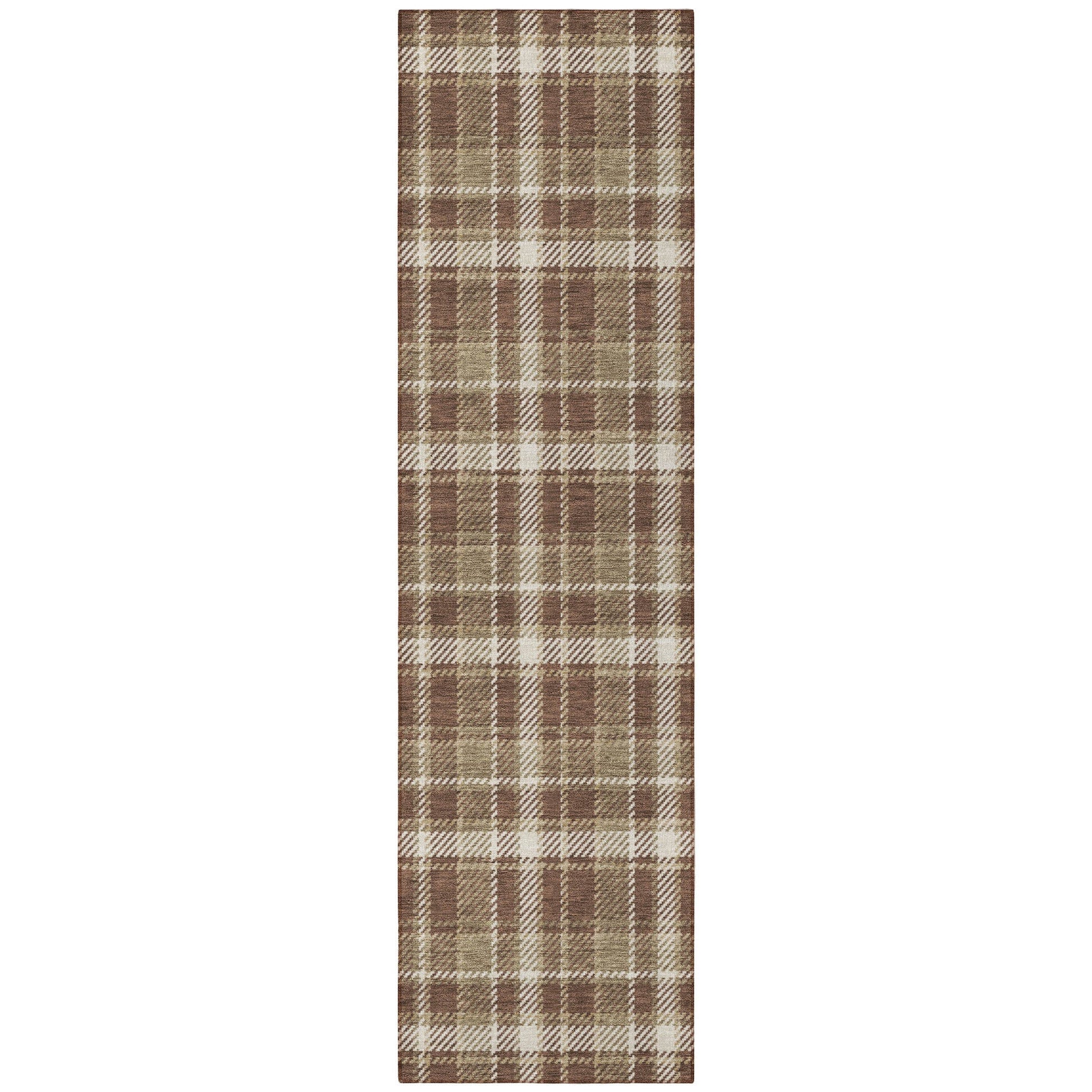 8' Runner Chocolate and Ivory Plaid Washable Non Skid Indoor Outdoor Runner Rug