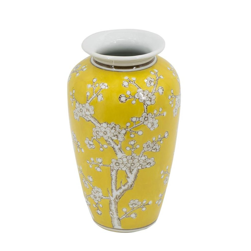 11" Yellow And White Floral Porcelain Round Table Vase