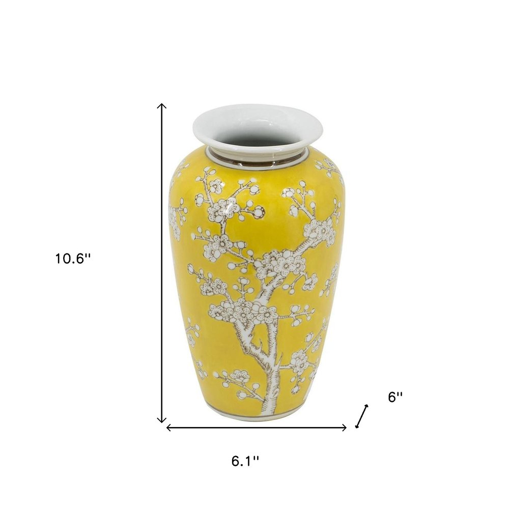 11" Yellow And White Floral Porcelain Round Table Vase