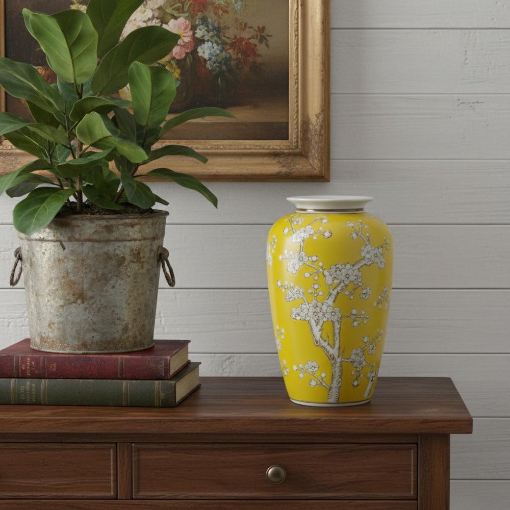 11" Yellow And White Floral Porcelain Round Table Vase