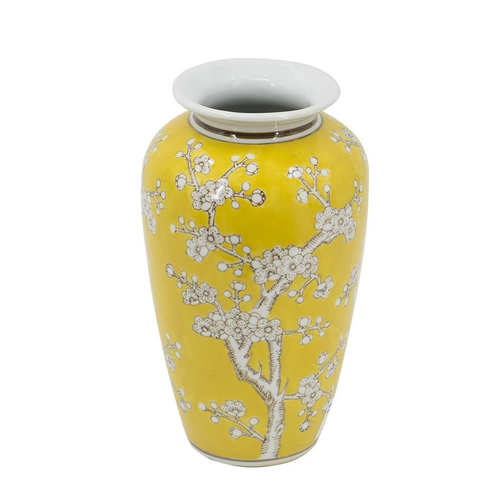 11" Yellow And White Floral Porcelain Round Table Vase
