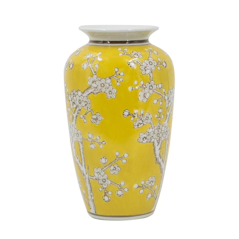 11" Yellow And White Floral Porcelain Round Table Vase