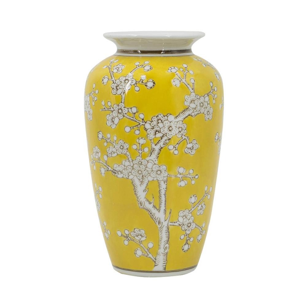 11" Yellow And White Floral Porcelain Round Table Vase