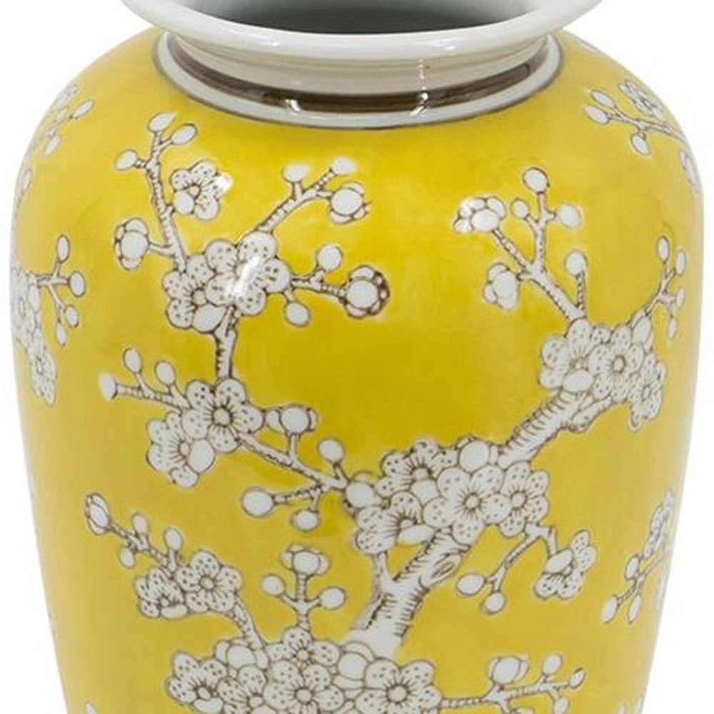 11" Yellow And White Floral Porcelain Round Table Vase