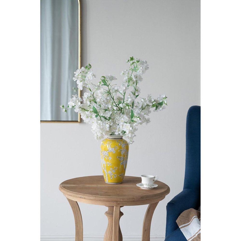 11" Yellow And White Floral Porcelain Round Table Vase