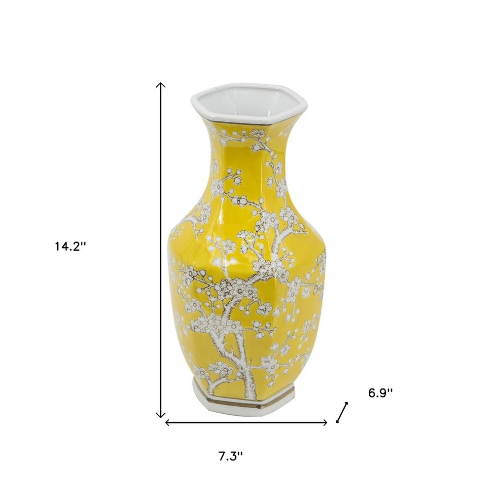 14" Yellow And White Floral Porcelain Round Table Vase