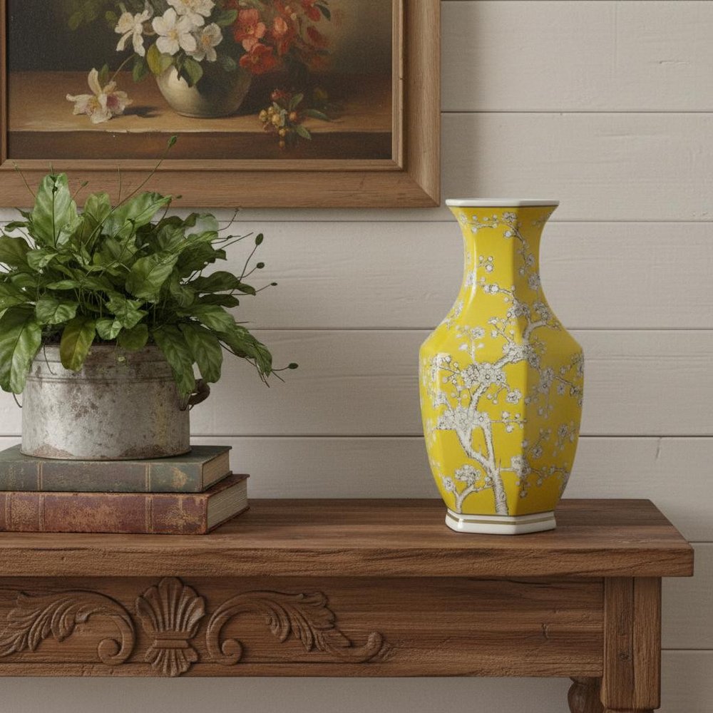 14" Yellow And White Floral Porcelain Round Table Vase