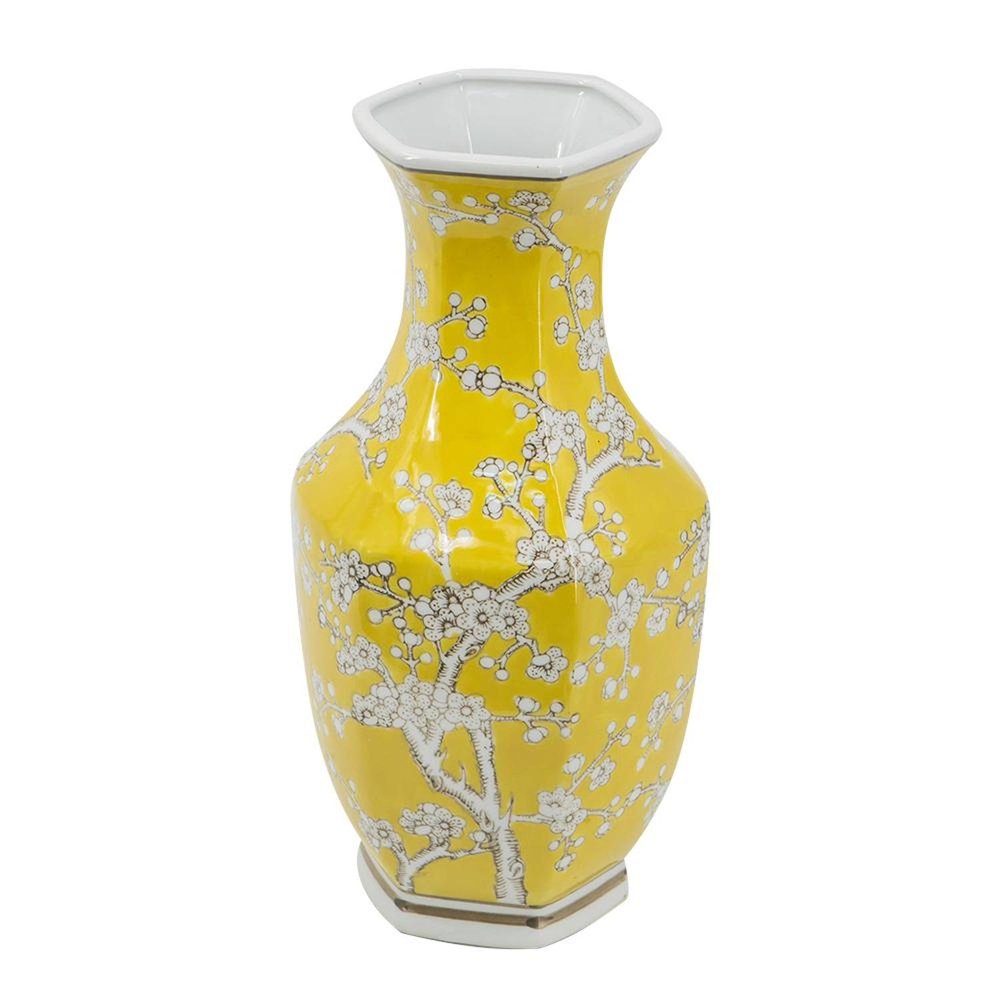 14" Yellow And White Floral Porcelain Round Table Vase