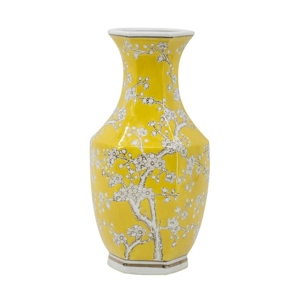 14" Yellow And White Floral Porcelain Round Table Vase