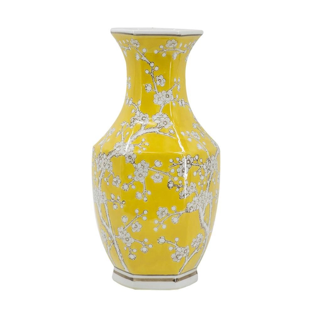 14" Yellow And White Floral Porcelain Round Table Vase