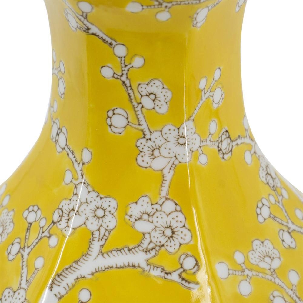 14" Yellow And White Floral Porcelain Round Table Vase